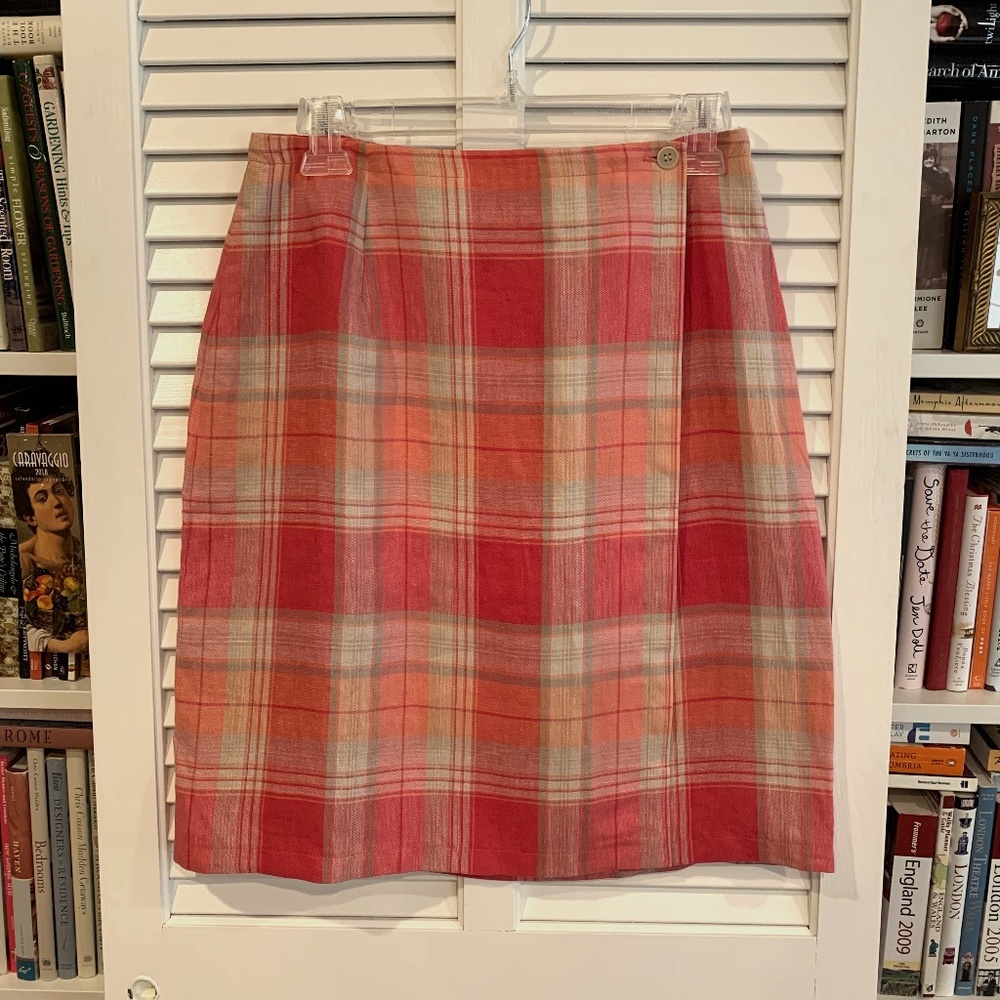 Jones New York Coral/Beige Plaid Linen Wrap Skirt 8
